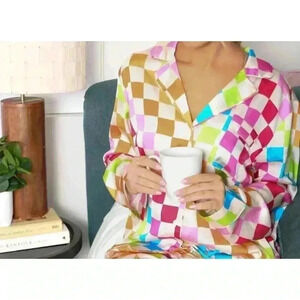 Show Me Your Mumu Womens Early Riser Silky Pajama Top Size S Multi Color Check